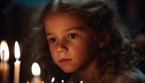 A cute child looking at a candle, happiness and innocence generated by AI