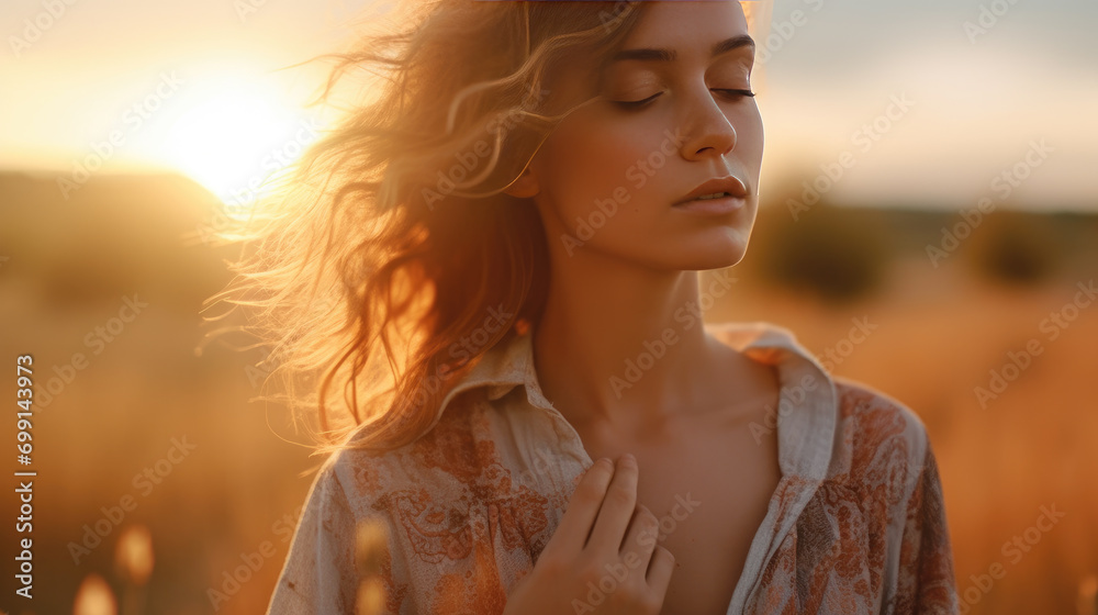 A beautiful woman in a sunlit field at sunset