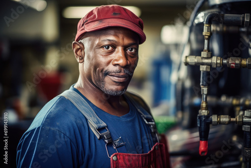 An experienced plumber, male, 45 years old, African American, holding tools, in a typical work setting, with natural lighting and focus on skilled hands