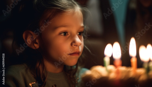 A cute girl smiling, holding a candle, celebrating with family generated by AI