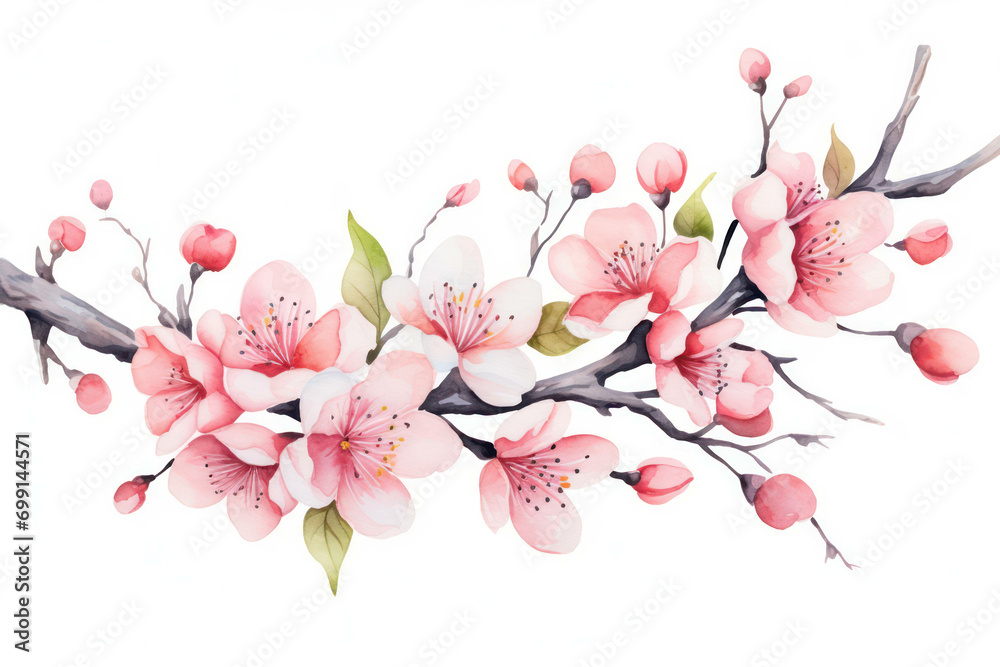Pink garden plant blossom branch floral background nature season flowers watercolor art spring tree - obrazy, fototapety, plakaty 