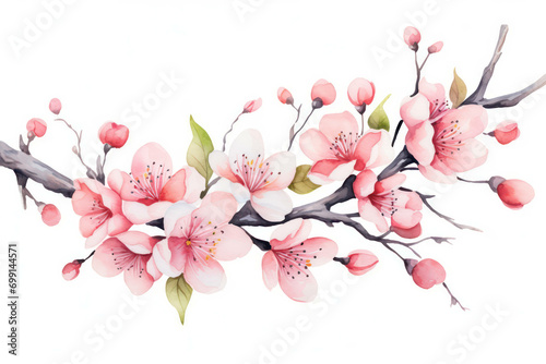 Pink garden plant blossom branch floral background nature season flowers watercolor art spring tree #699144571