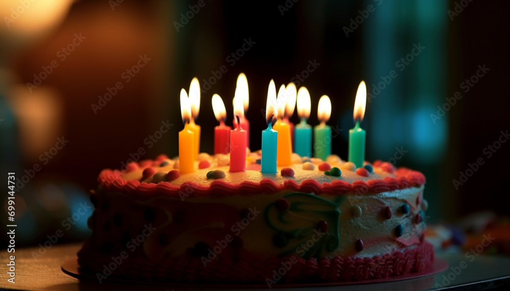 Birthday celebration with a multi colored cake, burning candles, and chocolate generated by AI Birthday celebration with a multi colored cake, burning candles, and chocolate generated by AI