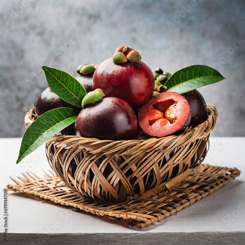 fresh kokum or garcinia indica fruit from india isolated over white or in cane basket with leaves. selective focus photo