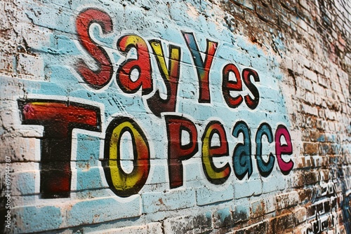 a brick wall wih say yes to peace painted on it in bright letters