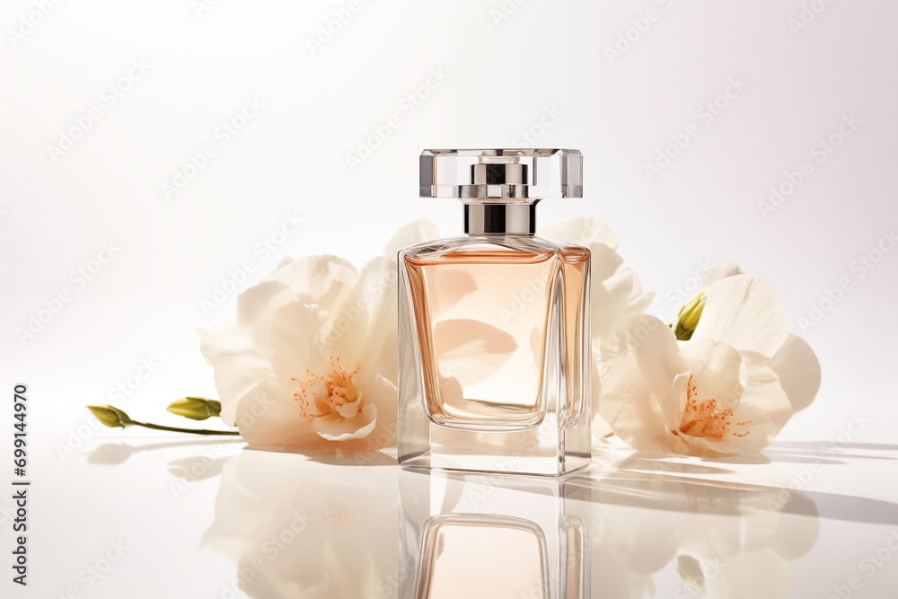 Bottle of perfume with flowers on white background. Generative AI