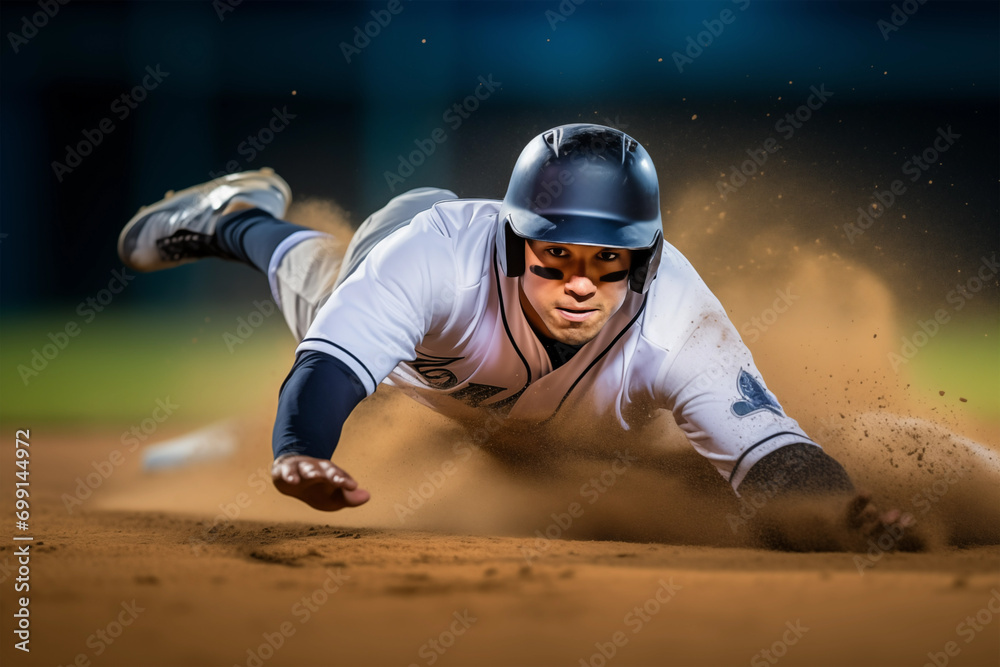 Professional baseball player sliding into base epic portrait. Generative AI