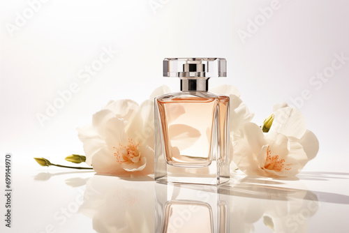 Bottle of perfume with flowers on white background. Generative AI photo