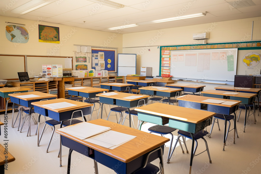 Empty classroom with wooden desks and board. Generative AI