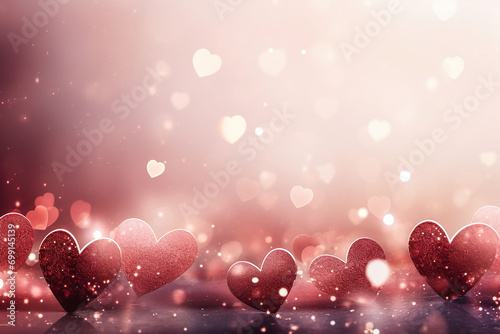 red and pink hearts with glitter and blurry bokeh and space for text, valentines day background