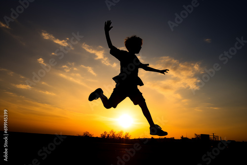 Silhouette boy running at sunset. Generative AI