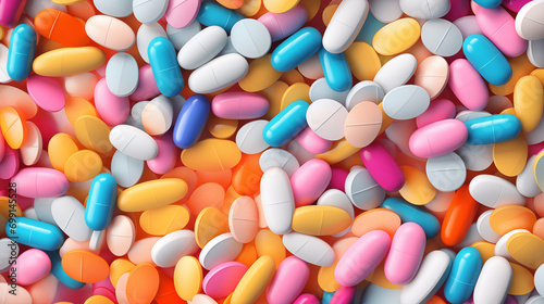 Colored tablets and capsules in orange, blue, pink red and white