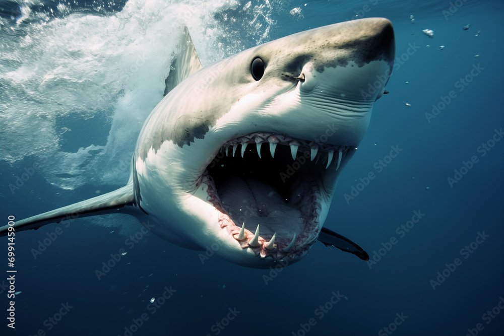 Fototapeta premium Furious angry grey shark underwater. Generative AI