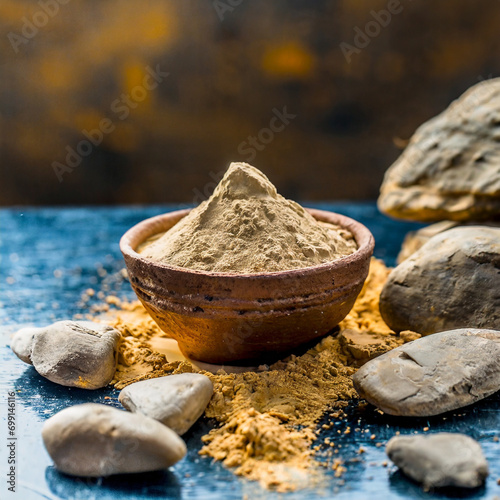 Fuller'S Earth Clay OR Multani mitti in a bowl along with raw stones and mortar photo
