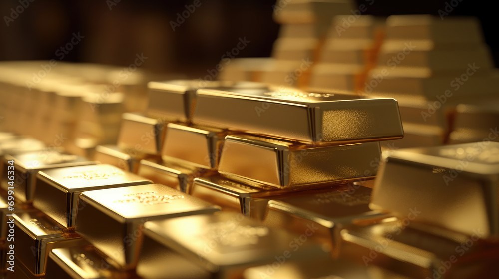 Showcasing an array of perfectly stacked gold bars Showcasing an array of perfectly stacked gold bars
