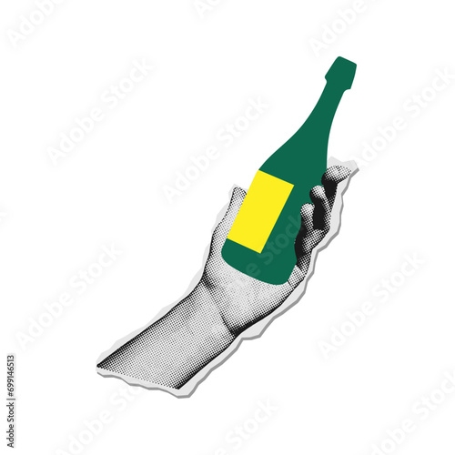 Hand holding champagne bottle. Vintage New year party. Halftone Collage style. Vector illustration