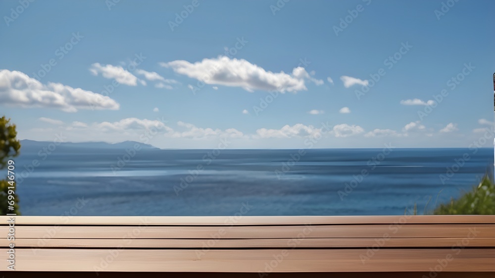 Wooden table on the background of the sea, island and the blue sky. High quality photo
