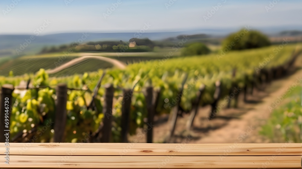 An empty wooden table for product display. Blurred french vineyard in the background.