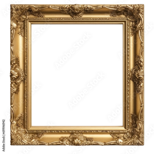 Golden wooden picture frame Isolated on transparent background