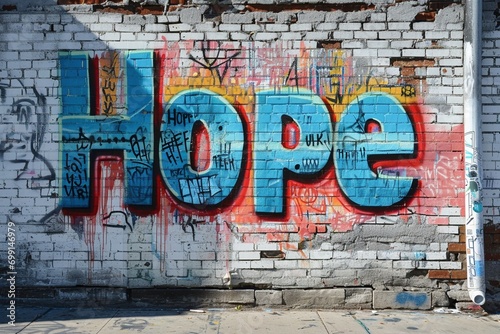 Bright and bold colors come together on a white brick canvas, spelling out the inspiring word 'hope'