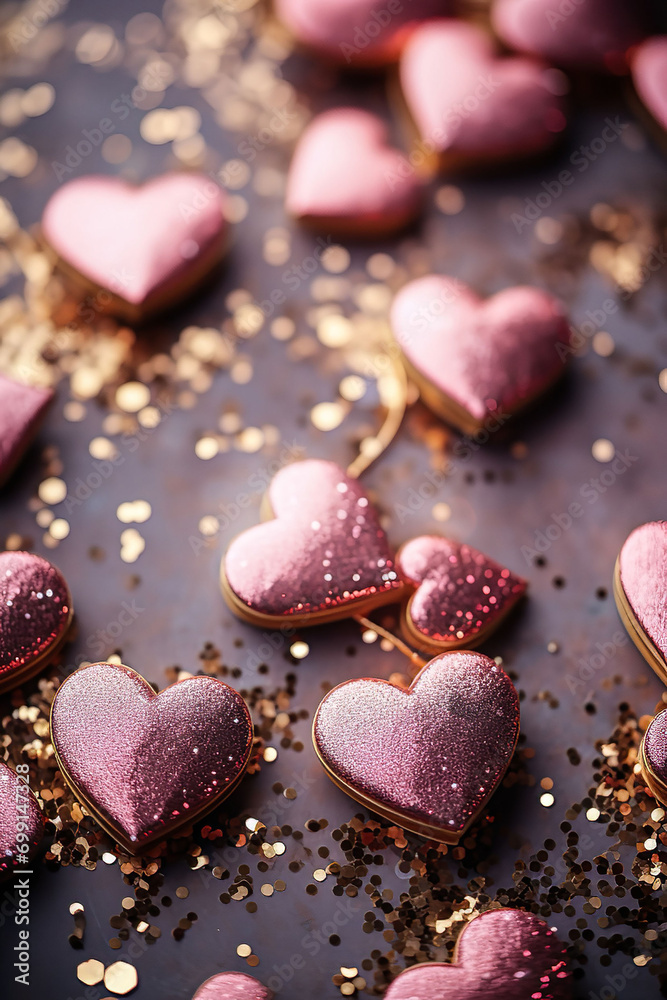 Obraz premium pink hearts with golden glitter, valentines day background