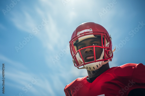 Bottom view of portrait of american football player wearing helmet. Generative AI