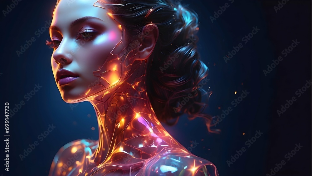 Futuristic Sci-Fi Girl: Otherworldly Fashion Portrait Against Dark and Colorful Backdrop Futuristic Sci-Fi Girl: Otherworldly Fashion Portrait Against Dark and Colorful Backdrop