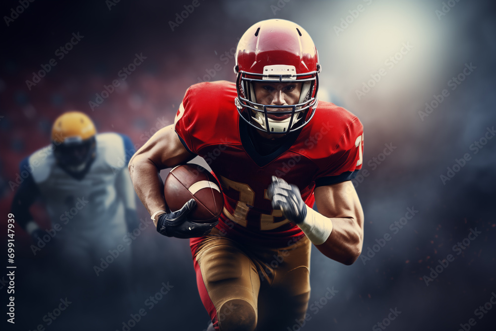 American football player running. Generative AI - obrazy, fototapety, plakaty 