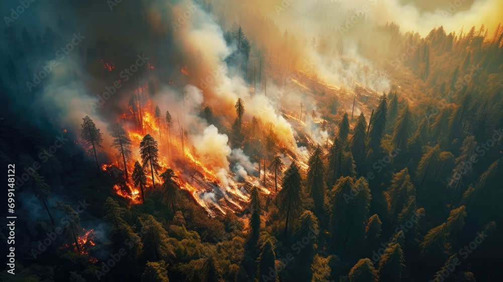 Naklejka premium A forest consumed by wildfire, capturing the tumultuous scene with burning trees and billowing smoke