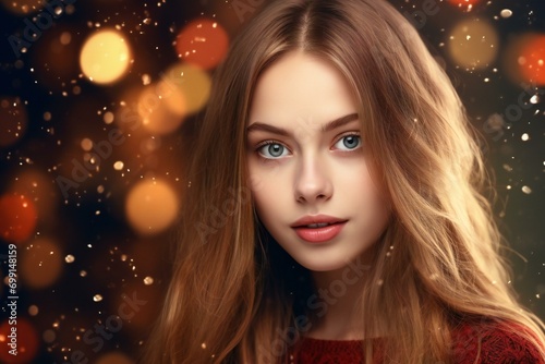 Portrait of beautiful young woman in red sweater on christmas background