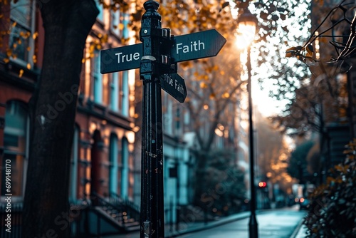 In the heart of town, a street sign post bears the uplifting words true faith, adding depth to the urban atmosphere