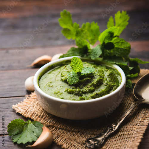 healthy green mint chutney made with coriander, pudina And spices. isolated white background