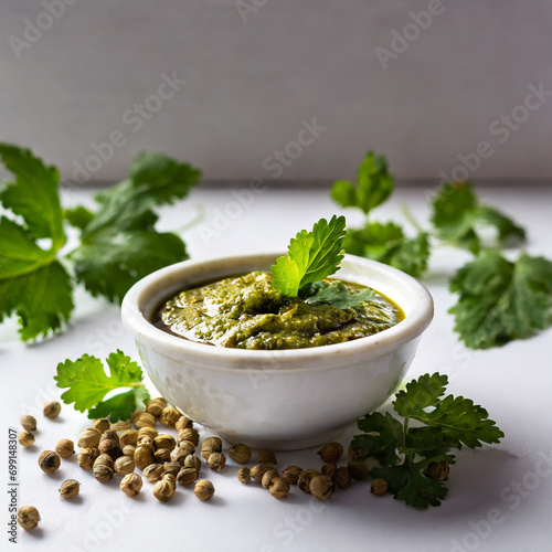 healthy green mint chutney made with coriander, pudina And spices. isolated white background