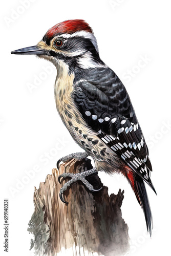 Generative AI. Drawing style scientific illustration of a woodpecker. transparent background photo