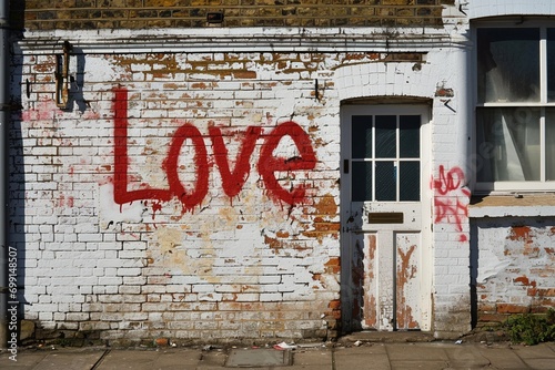 A house's white brick exterior becomes a canvas for the passionate expression of the word love in striking red spray paint photo