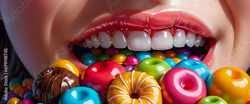 A person's mouth full of candy and chocolate. 
Close up of woman's mouth, Generative Ai
 photo