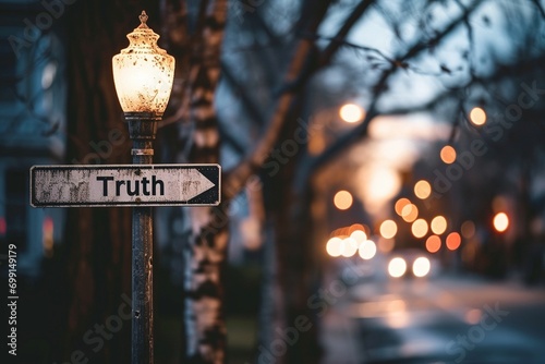 The word truth stands out boldly on a street sign, conveying a sense of honesty and transparency. photo
