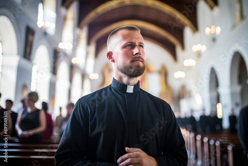 Portrait of catholic priest in church. Generative AI photo