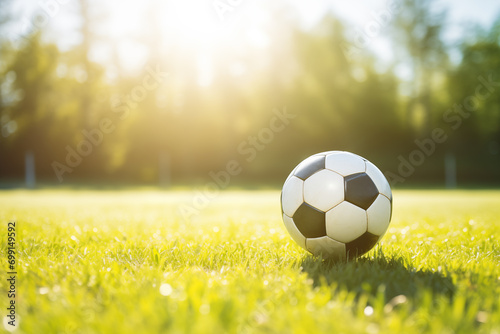 Soccer ball on grass in garden. Generative AI
