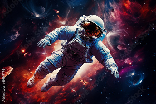 Astronaut wearing spacesuit levitating in colorful brightly galaxy. Generative AI