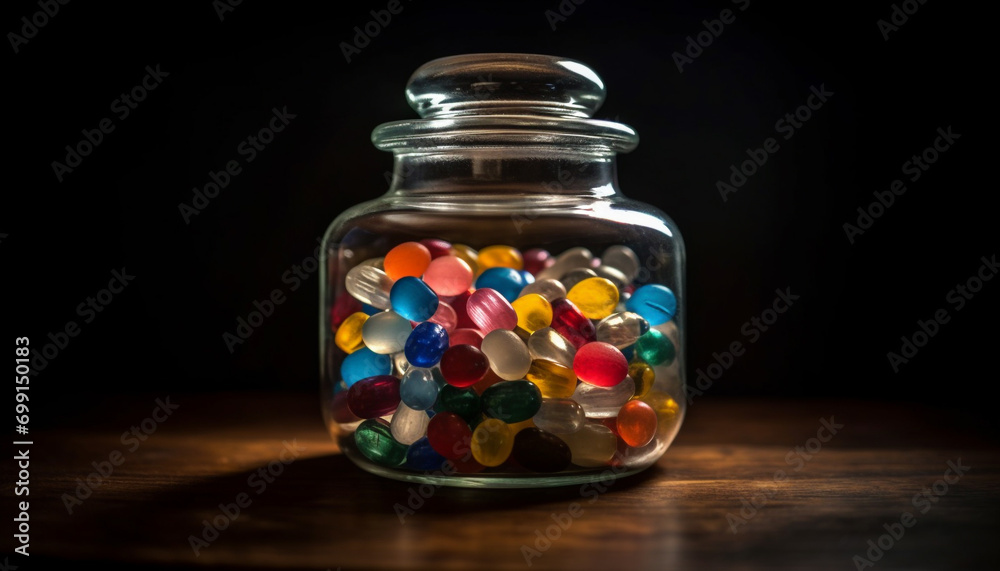 Multi colored candy spilling from glass jar on wooden table generated by AI Multi colored candy spilling from glass jar on wooden table generated by AI