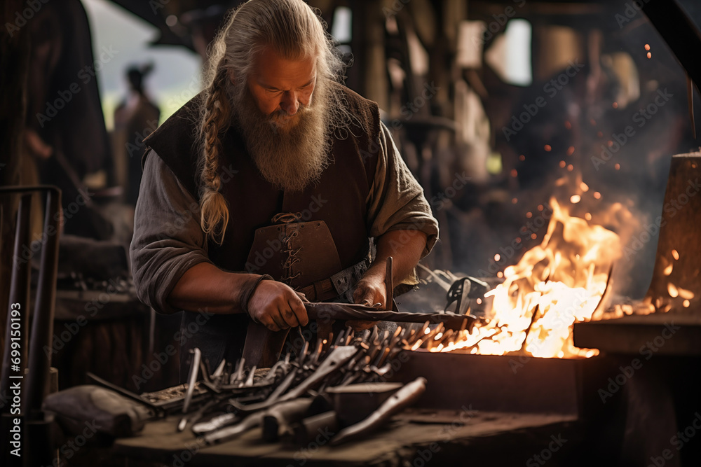 Viking blacksmith works in the forge on workbench. Generative AI