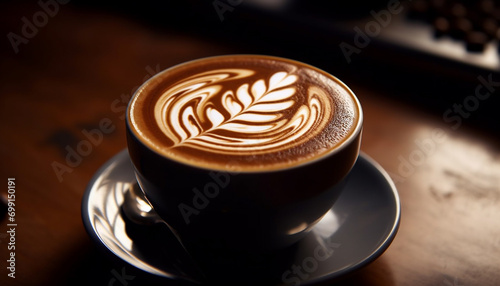 A frothy cappuccino on a wooden table, a coffee lover delight generated by AI