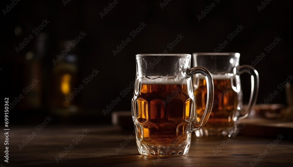 Alcohol drink on table in pub, frothy glass, fresh golden brew generated by AI Alcohol drink on table in pub, frothy glass, fresh golden brew generated by AI