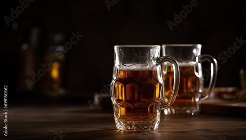 Alcohol drink on table in pub, frothy glass, fresh golden brew generated by AI