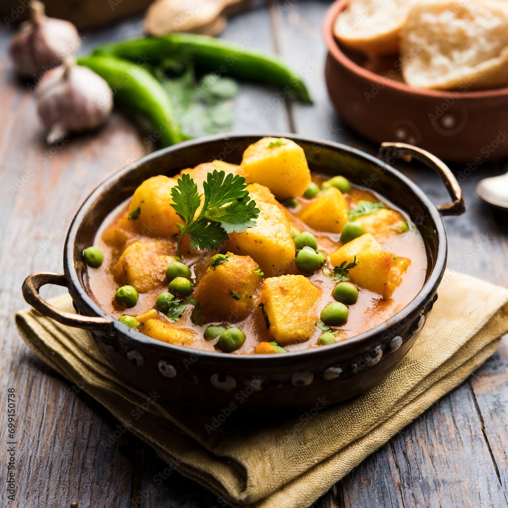 indian aloo mutter curry potato and peas immersed in an onion tomato gravy and garnished with coriander leaves