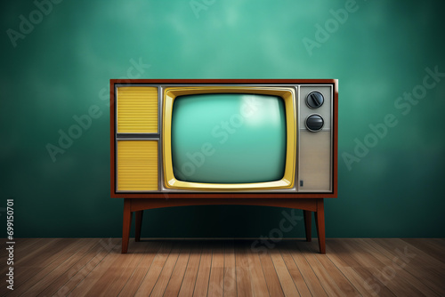 Retro old yellow TV on mint green background. Generative AI