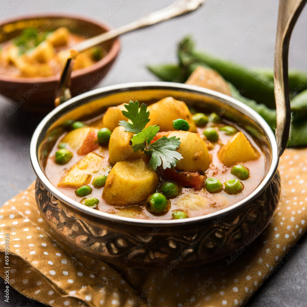 indian aloo mutter curry potato and peas immersed in an onion tomato gravy and garnished with coriander leaves indian aloo mutter curry potato and peas immersed in an onion tomato gravy and garnished with coriander leaves