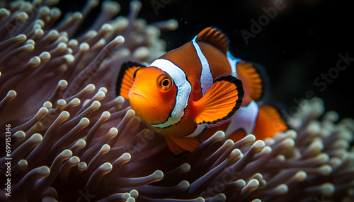 Clown fish swimming in vibrant reef, showcasing natural beauty generated by AI