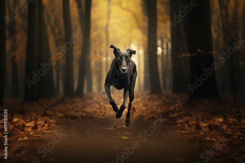black hunting dog chasing prey